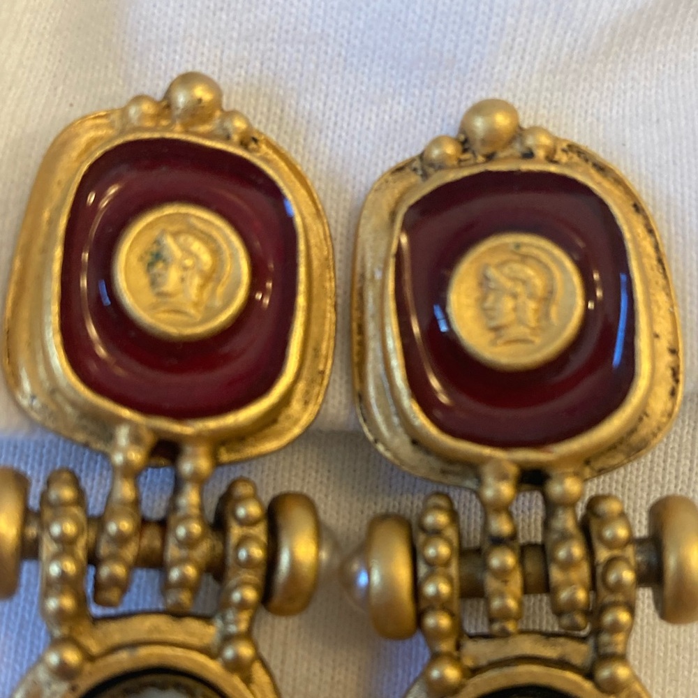 Etruscan Inspired Clip Earrings Faux Coin Neo Classical Vintage Intaglio Cameo - Picture 2 of 9